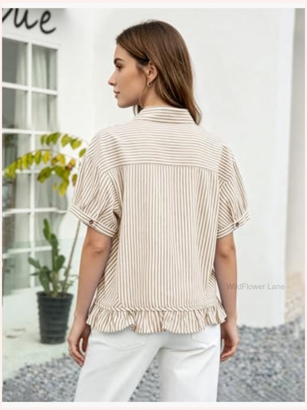 Cropped Striped Button Down Short Sleeve Ruffled Blouse Casual Summer - Picture 6 of 7